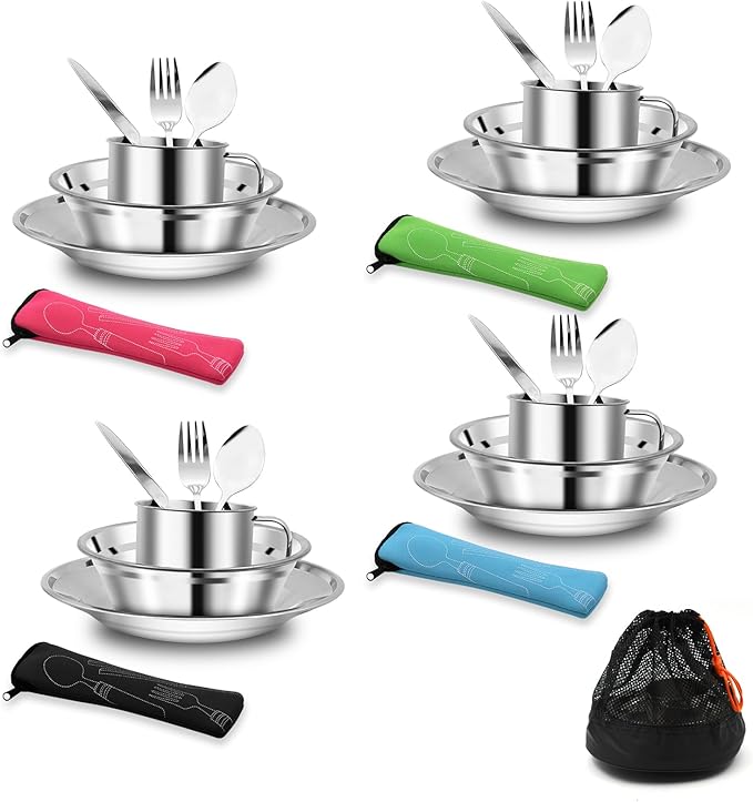 29pcs Stainless Steel Utensils Camping Tableware Kit with Bowls Plates Cups Forks Spoons and Knives for 4, Reusable Camping Flatware