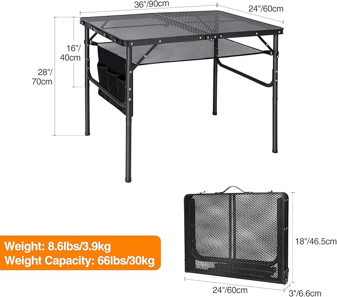 REDCAMP 36x24 Folding Grill Table for Outside, Lightweight Portable Metal Aluminum Outdoor Grill Table with Adjustable Height Legs, Great for Camping Picnic Cooking BBQ, Black 3ft