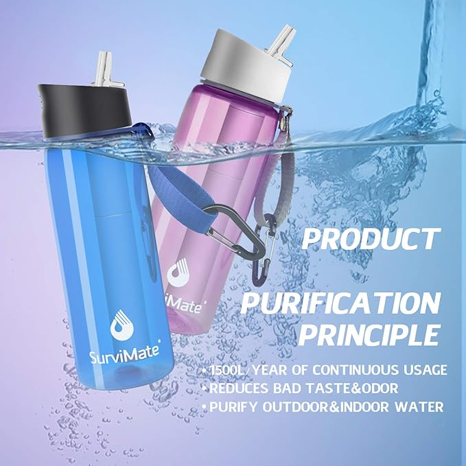 SurviMate Purified Water Bottle for Camping, Hiking, Backpacking and Travel, BPA Free with 5-Stage Intergrated Filter Straw