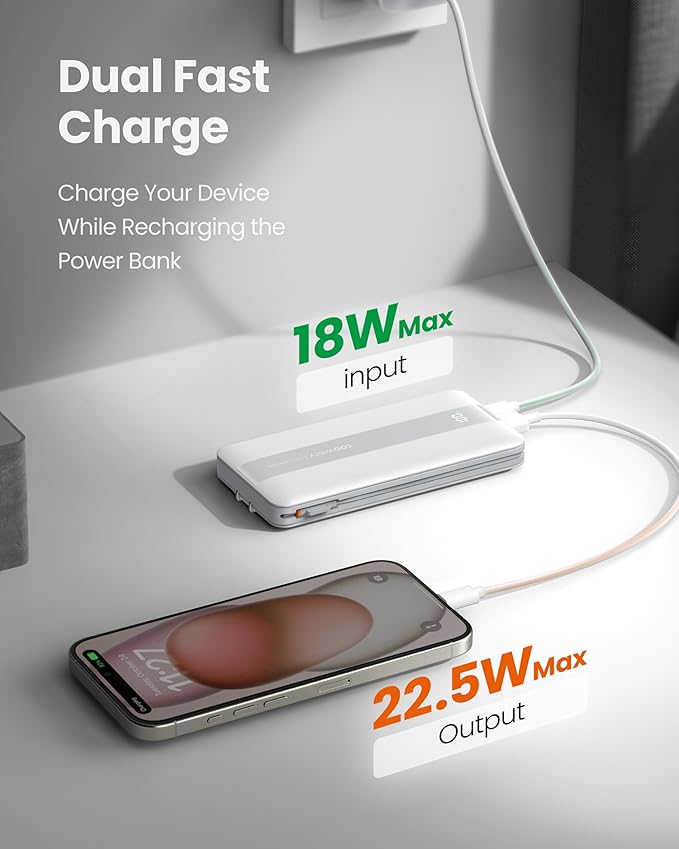 Fast Charging Power Bank with AC Wall Plug, USB C Portable Charger 10500mAh 22.5W with Built in Cables, 4 Outputs 3 Inputs LED Display External Battery Pack Compatible with iPhone/Android (White)