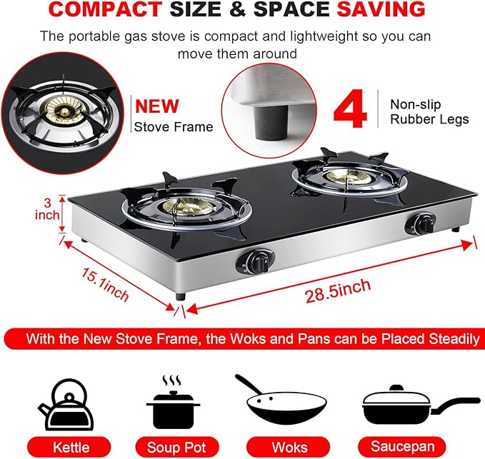 forimo Propane Gas Cooktop 2 Burners Gas Stove portable gas stove Tempered Glass Double Burners Stove Auto Ignition Camping Double Burner LPG for RV,Apartments,Outdoor