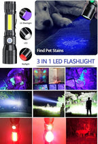 Hoxida Flashlight Rechargeable LED UV Black Light &Redlight, 3in1 Super Bright Magnetic Tactical Flashlights, 1500Lumen 7Modes, Zoomable, Waterproof Pocket Flashlight for Pet Stains Detection,Camping