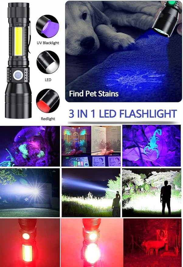 Hoxida Flashlight Rechargeable LED UV Black Light &Redlight, 3in1 Super Bright Magnetic Tactical Flashlights, 1500Lumen 7Modes, Zoomable, Waterproof Pocket Flashlight for Pet Stains Detection,Camping