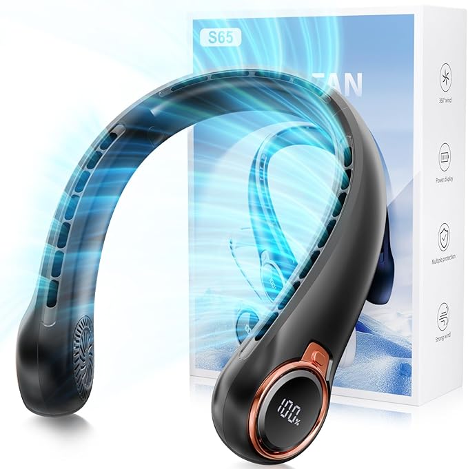 Portable Neck Fan with 6000mAh USB - Rechargeable Battery, Ultra-Light Bladeless Neck Fan LED Display, 360° Cooling Wearable Fan, 3 Speeds (black)