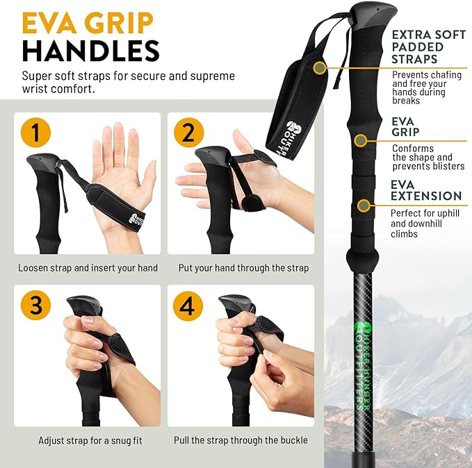 100% Carbon Fiber Trekking Poles by USA Brand - Ultra Strong Lightweight Collapsible Hiking Poles with Cork and EVA Foam Grips & Quick Adjustable Flip Locks