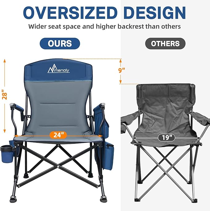 MENOLY Oversized Folding Camping Chair, 500lbs Support Max with Cooler Bag, Multiple Side Pockets & Cup Holder, Heavy Duty Camping Chairs for Adults for Camping, Beach, Fishing