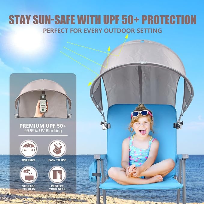 XL Universal Chair Canopy Umbrella, UPF 50+ Foldable Sun Shade Attachment with Adjustable Clamp, Fits Most Brands’ Beach, Camping, Lawn, Tanning, Zero Gravity, Lounge & Fishing Chairs