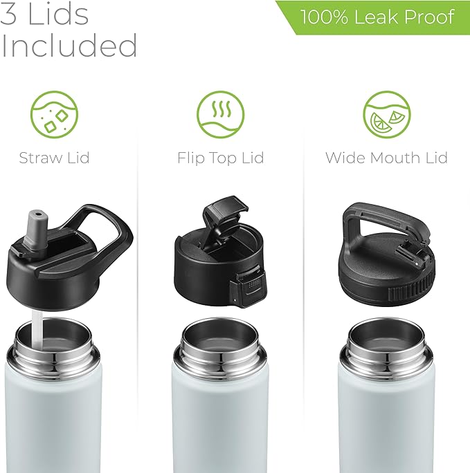 SipX™ Triple-Insulated Stainless Steel Water Bottle 18oz. With 3 Lids, BPA-Free Reusable Insulated Water Bottle Keeps Cold 24 Hours, (Blue)