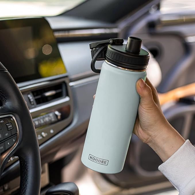 koodee Insulated Water Bottle, 18 oz Stainless Steel Double Wall Vacuum Wide Mouth Sport Bottle with Leakproof Spout Lid （Bby Blue）
