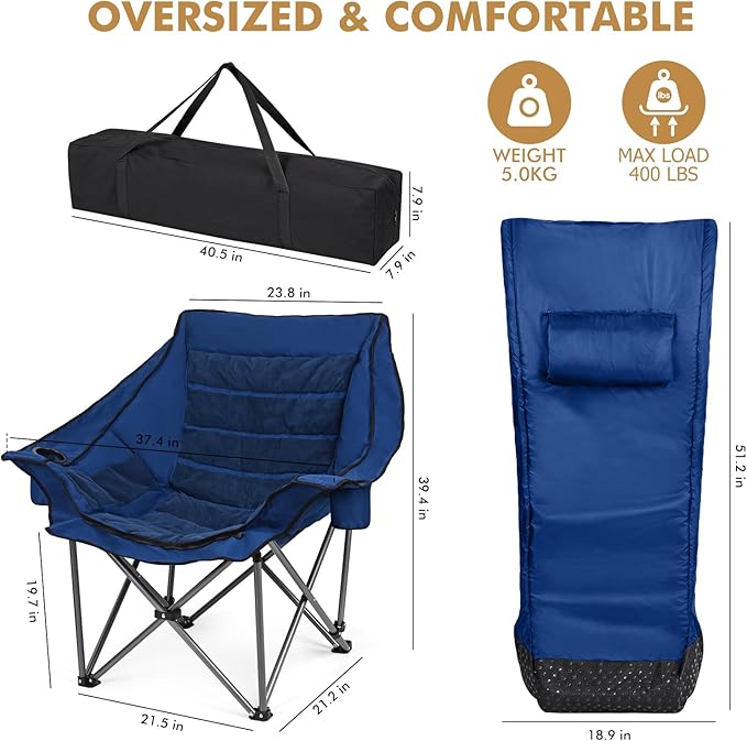 Oversized Fully Padded Camping Chair with Removable Foot Pocket, Heavy Duty Comfy Folding Camp Sports Chair for Adults, Summer, Winter, Outdoor, Ice Fishing, Hunting, RV, Cup Holder, XL, 400 LBS