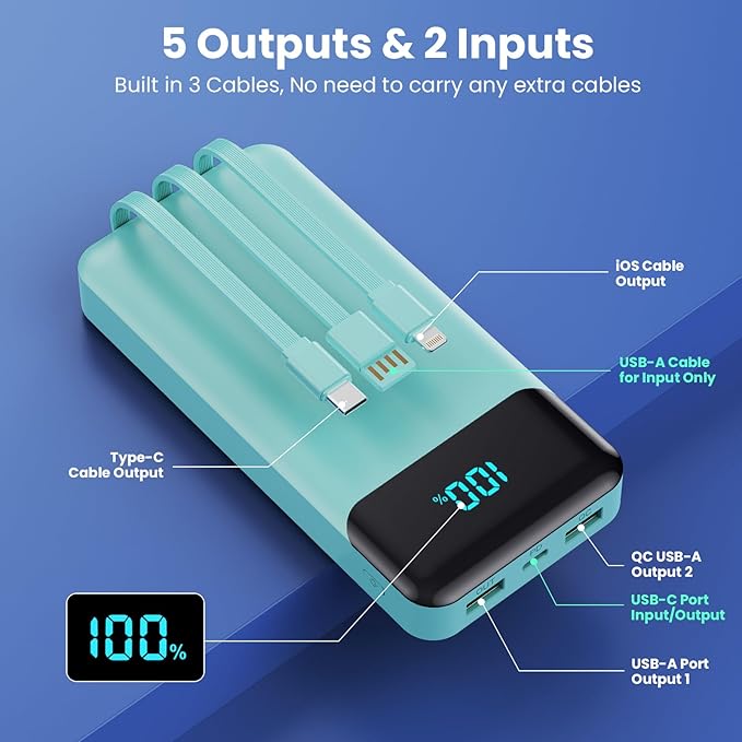 Portable Charger 40800mAh Power Bank with 3 Built-in Cables,PD 25W USB C in&Out Power Bank Fast Phone Charging,QC4.0 5 Output LED Display Battery Pack Compatible with iPhone 16/15,Galaxy,Android-Green