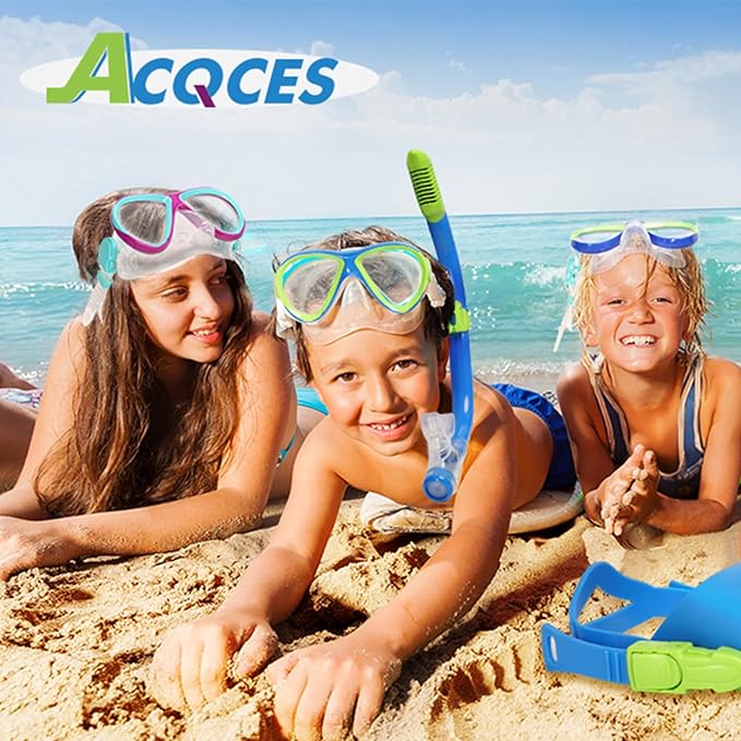 Snorkeling Gear for Kids Ages 5-15, 4 in 1 Mask Fins Snorkel Set with HD Tempered Glass Panoramic View Anti-Fog Mask, Dry Top Snorkel, Adjustable Trek Fins, and Mesh Bag, Kids Snorkel Set for Youth