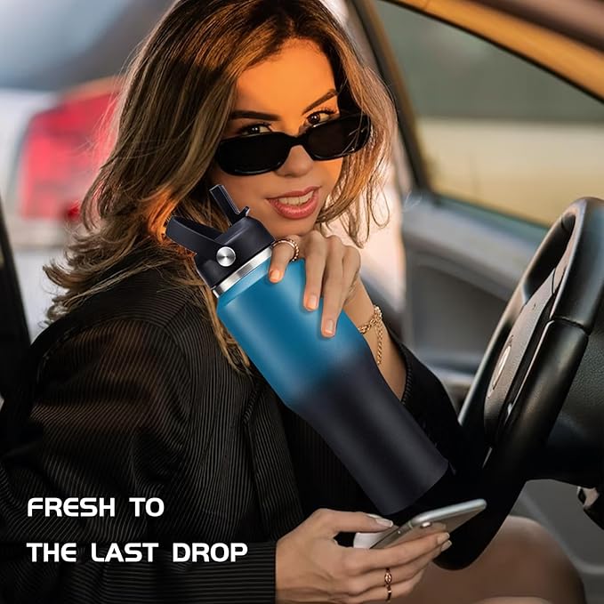 32oz Insulated Water Bottle with Straw - Spout Lid, Protective Boot, Vacuum Stainless Steel Bottles Leak-Proof, Thermo Mug Flask Fit in Car Bike Cup Holder Father's Day Gift