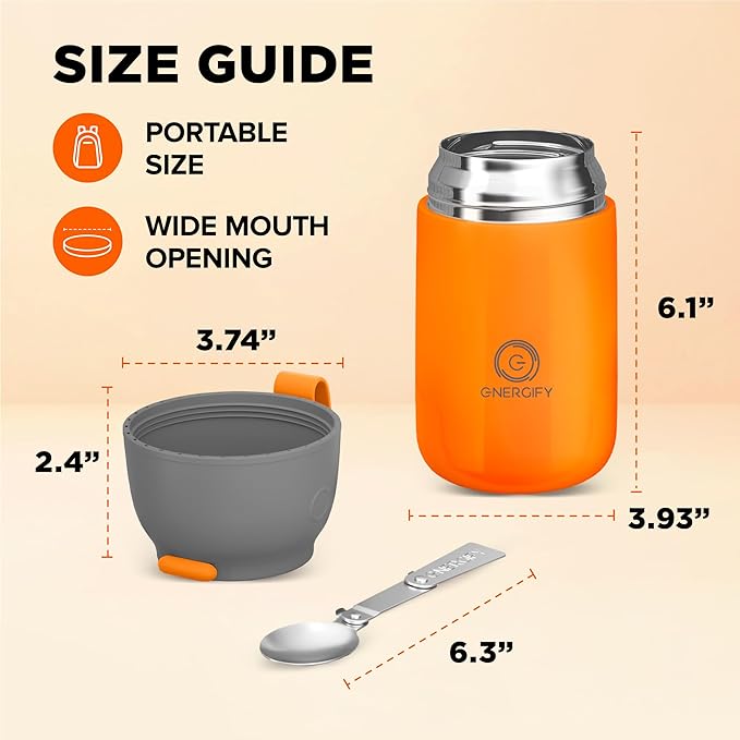 ENERGIFY Vacuum Insulated Food Jar. Large 24oz Bowl incl. Folding Spoon, Cup. Wide Mouth Keep Hot & Cold Drinks Soup Lunch Container for Adults. BPA-Free Stainless Steel, Leak Proof Orange