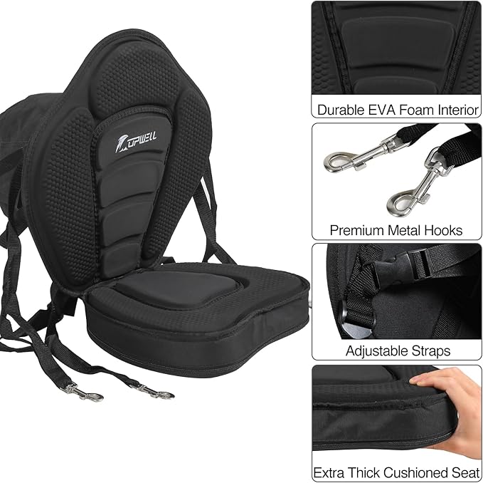 UPWELL Universal Kayak Seat with Detachable Storage Bag & 4 Adjustable Strap, Paddle Board Seat with Memory Foam Padded and Backrest for Kayak, Canoe, Sup