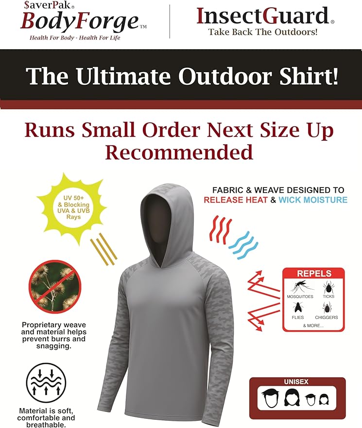 Permethrin Insect Repellent Mens Athletic Hoodies Long Sleeve Fishing Shirts SPF 50+ UV Sun Shirt Protection Rash Guard