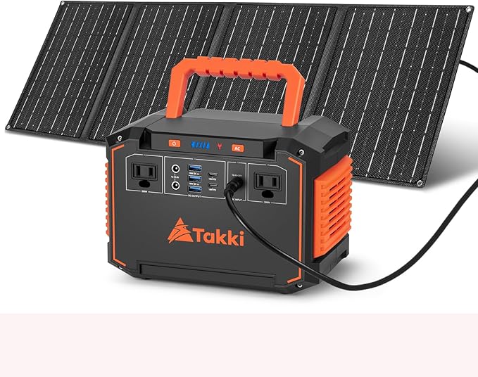 Takki 300W Portable Solar Generator 240Wh Portable Power Station with 40W Foldable Solar Panel, Power Bank with 110V AC Outlet USB DC for Emergency Outdoor Camping Home Use Blackout