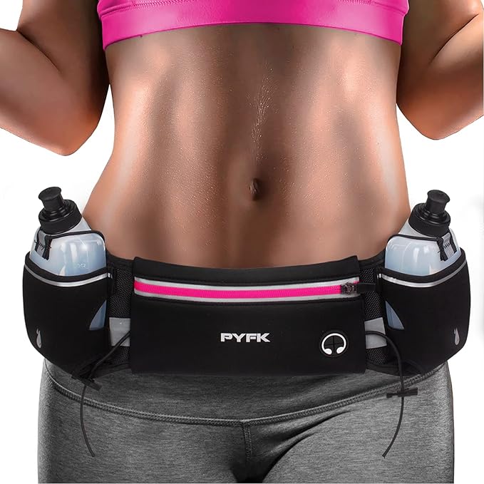 PYFK Upgraded Running Belt with Water Bottles, Hydration Belt for Men and Women, Water Bottle Holder Running Pouch Belt, Fanny Pack Fits 7 inches Phones, Waist pack for Running Hiking Climbing