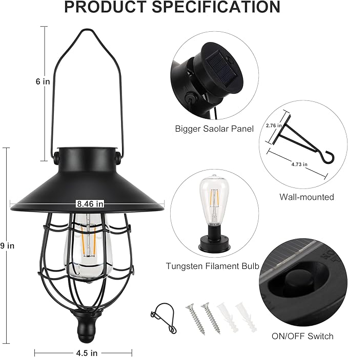 Solar Lanterns Outdoor Hanging Metal Vintage Lantern Warm White Solar Lights lamp Waterproof Edison Bulb Design for Pathway Garden Patio Yard Tree Decoration (2 Pack Black)