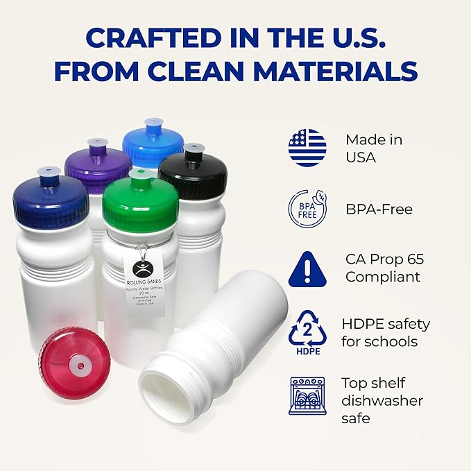 Rolling Sands USA Made 20 Ounce Sports Water Bottles - 6-Pack BPA-Free Blank Sports Bottles for Small Teams, Adults & Kids - White Bottle/Blue Lid, No Smell No Taste