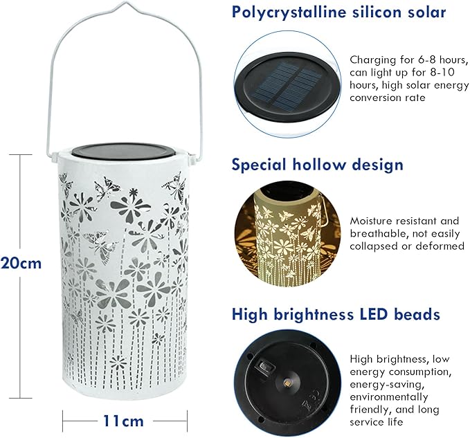 Solar Lanterns Outdoor Waterproof, Butterfly Hanging Solar Outdoor Lantern Birthday Gifts for Women White 1000MAH Solar Lights for Outside, Yard, Pathway, Patio, Garden Decor