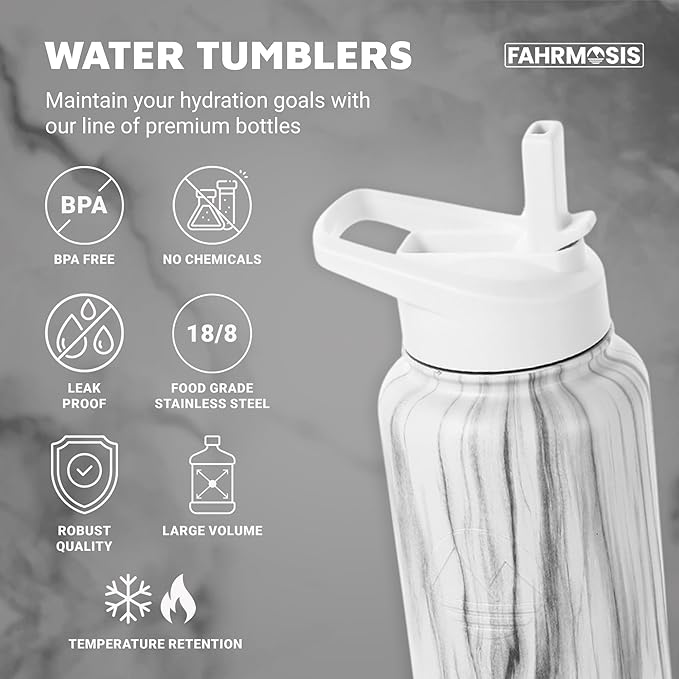 40 Oz Water Bottle with Straw Stainless Steel Sports Water Bottle with 3 Lids (Straw, Chug and Flip Lid) Insulated Leak Proof Metal Jug for Men & Women - White Marble