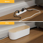 D-Line Cable Management Box with 6 AC Outlet 6ft Power Strip, Hide Extension Cords and Excess Wire Clutter, 16.5in (L) x 4.5in (H) x 5in (W) - Large, White with Wood-Lid