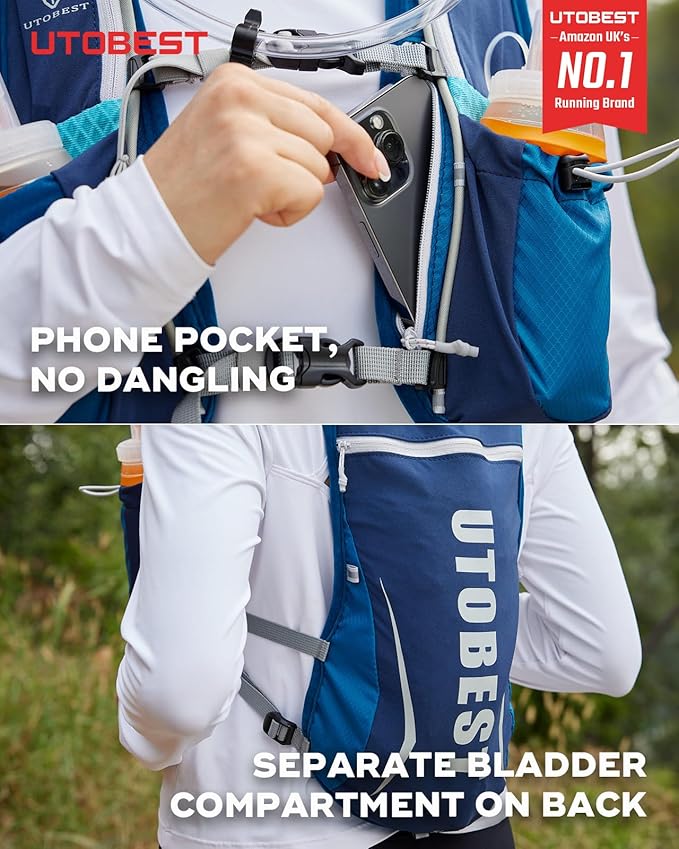 UTOBEST Running Vest, 5L Hydration Vest Lightweight, Breathable and Sweatproof Running Backpack, Adjustable Running Hydration Vest for Trail Running Marathon Race Jogging Cycling