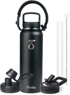Trebo 40oz Water Bottle Insulated with Lid and Straw,Double Wall Vacuum Stainless Steel Metal Tumbler Sports Flask with Paracord Handle, Keep Hot 24 Hours & Cold 48 Hours Water Jug with 3 Lids, Black