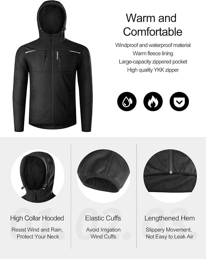INBIKE Hooded Cycling Bike Jacket Men Running Biking Windbreaker Reflective Windproof Thermal Fleece Lined Bicycle Coat