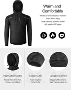 INBIKE Hooded Cycling Bike Jacket Men Running Biking Windbreaker Reflective Windproof Thermal Fleece Lined Bicycle Coat