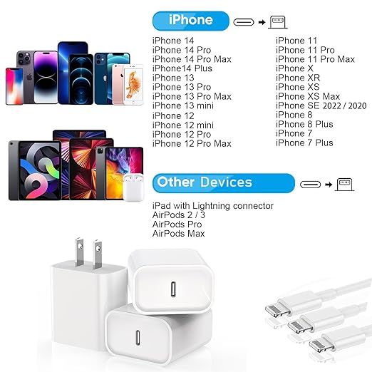[Apple MFi Certified]Long iPhone Fast Charging Cable,3Pack 20W Phone Charger USB C Charger Block Plug+6Foot Type C to Lightning Cord for iPhone 14/Pro/Pro Max/Plus/13/12/11/XS/XR/X/SE2022/iPad/AirPods