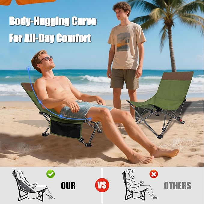 Compact Backpack Beach Chairs 2 Pack with Adjustable Backrest & Side Pocket, Low Folding Camping Chairs for Adults, Portable Reclining Chairs for Beach, Lawn, Travel