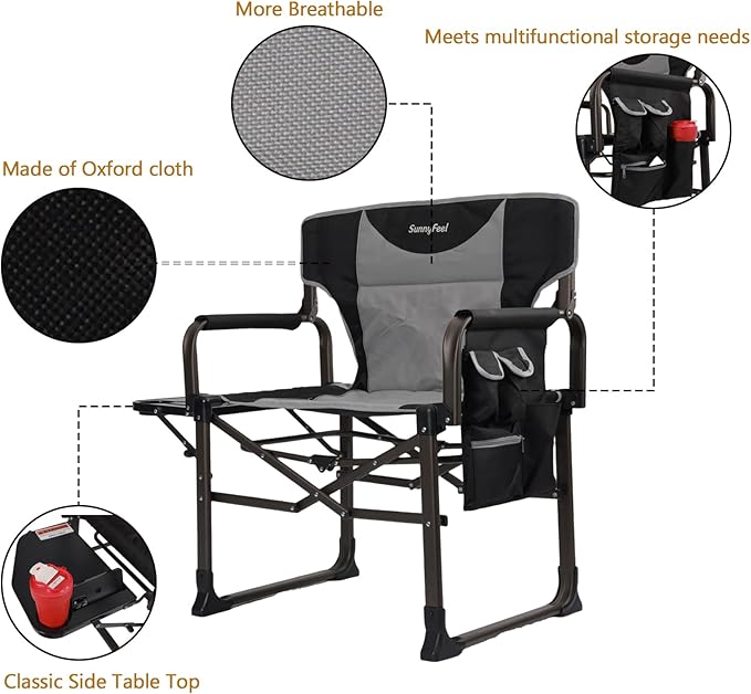 SUNNYFEEL Oversized Camping Directors Chair Black Portable Folding Chair for Adults Support 600lbs with Side Pocket and Side Table for Beach, Fishing, Trip, Picnic, Lawn, Outdoor Foldable Camp Chairs