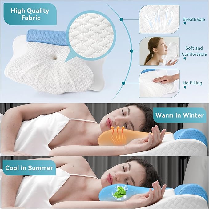 Cervical Pillow with Removable Neck Roll 2-in-1,Orthopedic Memory Foam Pillow for Side, Back & Stomach Sleepers, Ergonomic Traction Support for Neck Shoulder Back Pain Relief, Sleeping Comfort