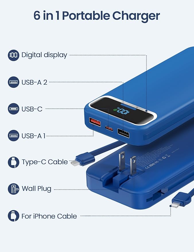 12000mAh Lightweight-Portable-Charger-Power-Bank with Built-in Cables and AC Wall Plug, PD20W USB-C Fast Charging Battery Pack, LED Display External Travel Phone Charger for All iPhone,Samsung,Android