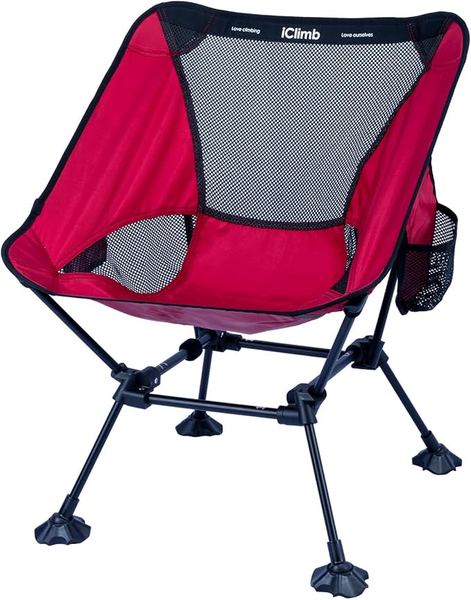 iClimb Ultralight Compact Camping Folding Beach Chair with Anti-Sinking Large Feet and Back Support Webbing (Red - Square Frame - 2PC)