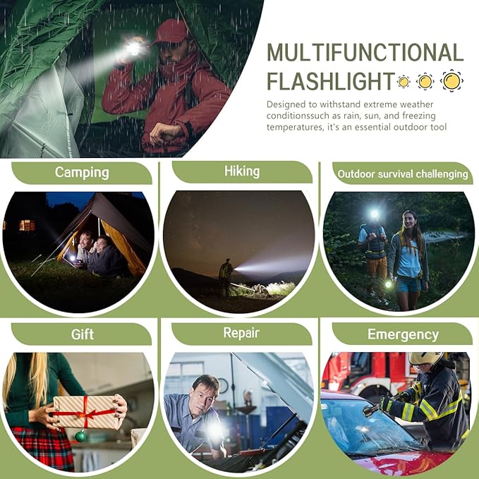 Rechargeable Solar Powered Flashlight,Multi Function LED Tactical Flashlight with Glass Breaker,Seatbelt Cutter,Alarm and Phone Charger,Powerful Handheld Flashlights for Emergencies Camping