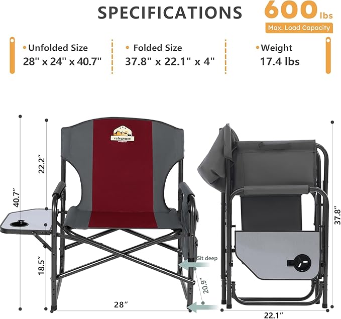 Colegence Oversized Directors Camping Chair Set of 2 Support 600 LBS, Heavy Duty Folding Outdoor Chairs with Detachable Side Pocket and Adjustable Side Table for Outside Beach,Lawn,Fishing (Red)