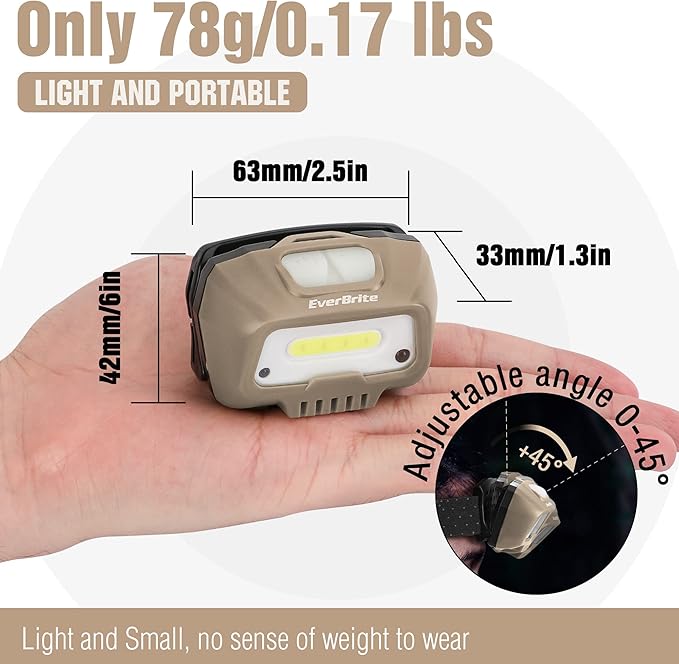 EverBrite Rechargeable Headlamp, LED Bright Motion Sensor Head Lamp Flashlight with 6 Modes, Adjustable Headlight for Adults with White Red Light, Water Resistant, Khaki, for Hiking, Running, Camping