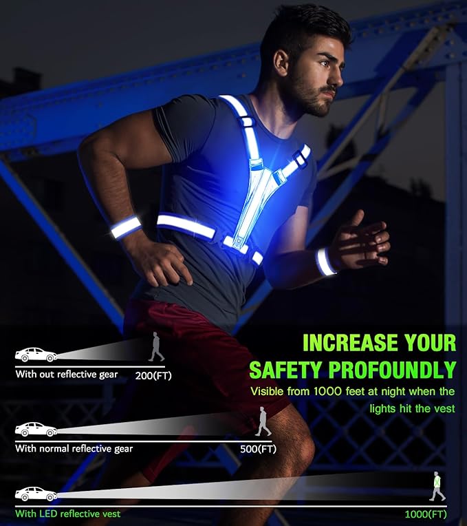 Led Light Up Running Vest Reflective Vest for Runners Night Walking, Rechargeable LED Reflective Running Vest High Visibility with Adjustable Waist/Shoulde, Reflective Armband for Women Men