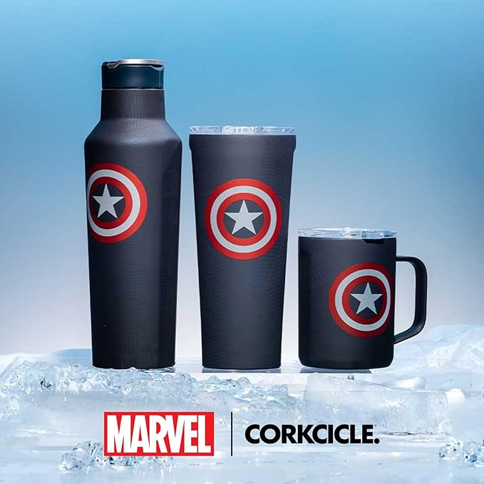 Corkcicle Marvel Sport Canteen - Triple-Insulated Stainless Steel Water Bottle - Straw Cap & Folding Metal Handle - Summer Drinkware Gift - Keeps Drinks Ice Cold - Captain America - 20 oz
