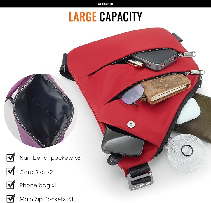 WANDER PLUS® Left Shoulder Anti Theft Crossbody Travel Bag for Women Men, Slim Sling Bag with Adjustable Strap