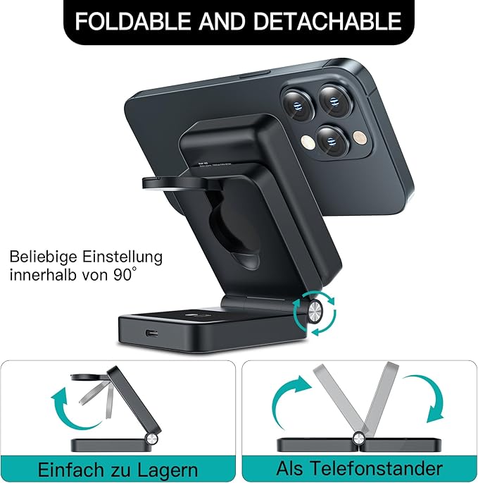 HUOTO 3 in 1 Foldable Magnetic Wireless for iPhone Charging Station,10000mAh Portable Charger Power Bank with Stand for MagSafe Battery Pack for iPhone 17/16/15/14/13/12 Series/Apple Watch/Air pods