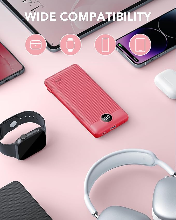 Portable Charger Built-in Cables and AC Wall Plug, VRURC USB C Power Bank 10000mAh, Travel Battery Portable Phone Charger Compact Lightweight External Battery Pack for SmartPhones,Tablets-Viva Magenta
