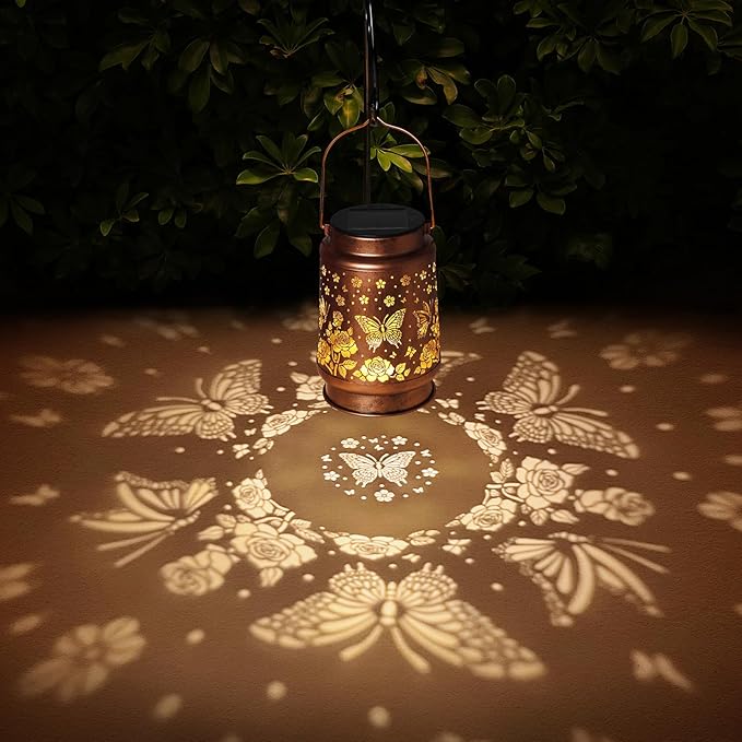 2 Pack Butterfly Solar Lanterns Outdoor Waterproof Rose Garden Decor Gifts for Women Mom Grandma Hanging Solar Lights Metal Lantern Decoration Outside for Yard,Patio,Backyard,Porch