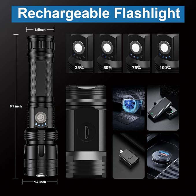 Rechargeable Flashlights 90000 High Lumens - 2 Pack, Super Bright LED Flash Light with 5 Modes, 12 Hour Brightest Waterproof Handheld Flashlight for Home, Camping