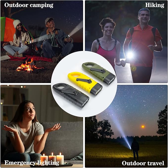 Mudder 6 Pcs Hand Crank Solar Powered Flashlights Emergency Rechargeable LED Handheld Flashlights for Survival Gear Outdoor Sports Camping Hiking Backpack Safety(Green Yellow Black)
