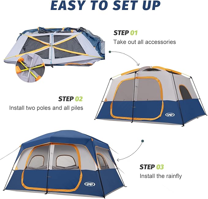 UNP 2/4/6/8 Person Tent, Portable Cabin Tent, Camping Tent 4-Person Easy Set Up, Waterproof with Top Rainfly for Outdoor Camping/Hiking