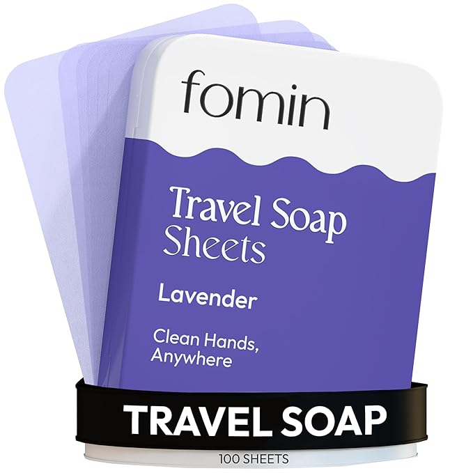 FOMIN - Antibacterial Paper Soap Sheets Tin for Traveling - (100 Sheets) Lavender Portable Travel Hand Soap Sheets, Dissolvable Mini Camping Hand Soap for Hand Washing